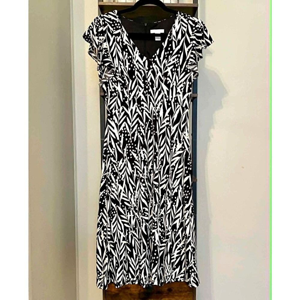 London Times Black White Floral Print Dress Size 6 Cap Sleeve Stretch Midi Dress